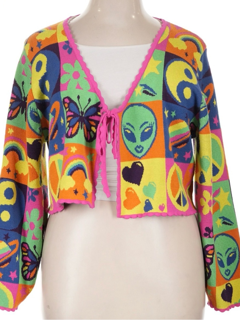Colorful Retro Icon Tie-Front Cropped Cardigan - Pink Trim